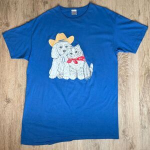 Vintage CMS CASUALS Dog Cat Graphic T-Shirt Blue One Size Cowboy Bandana Tee